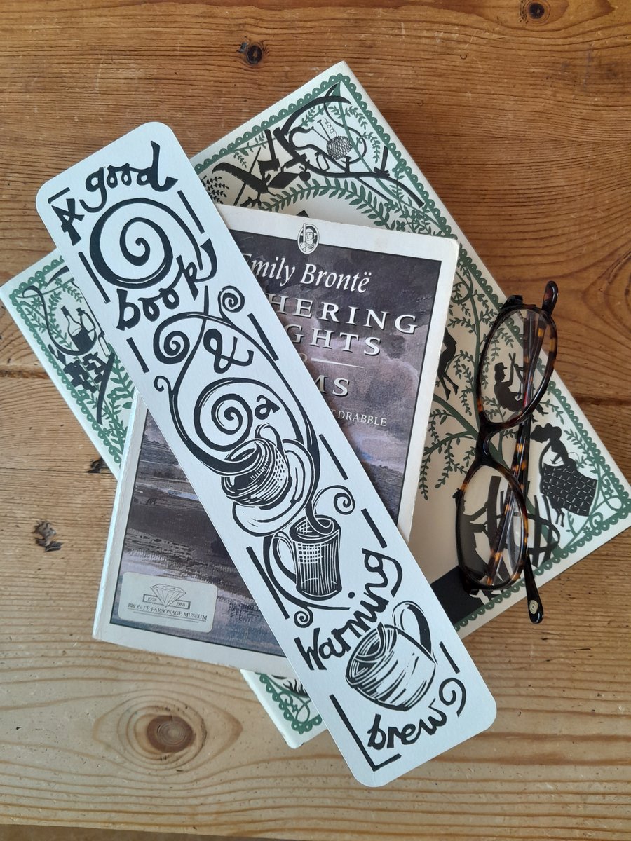 'A Good Book and a Warming Brew', Lino Printed Bookmark
