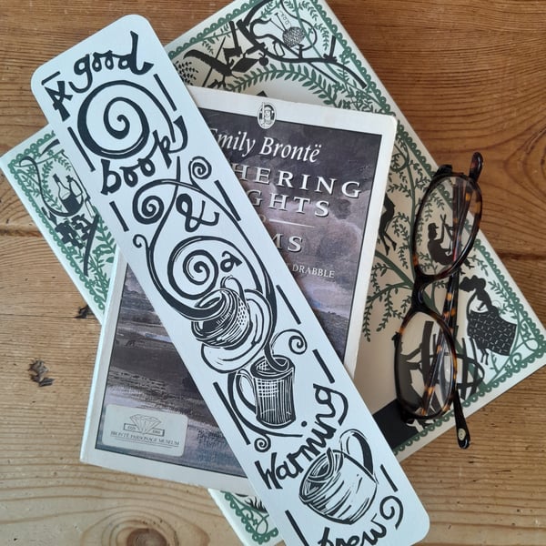 'A Good Book and a Warming Brew', Lino Printed Bookmark