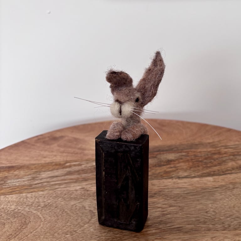 Needle felt Hare peeping over and antique printing block
