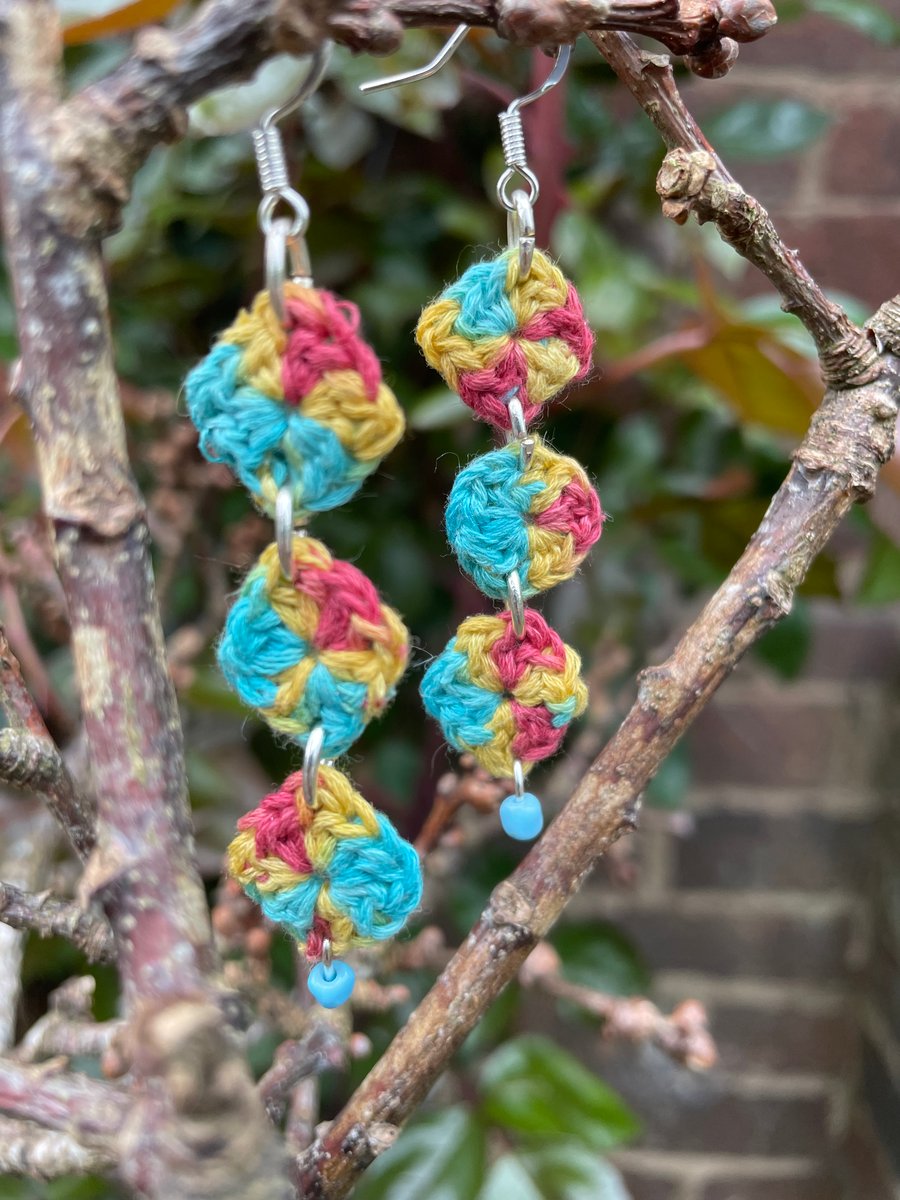 Crochet dangle earrings three mini granny squares with single turquoise bead 