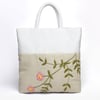 Oatmeal and white bag with front pocket and hand stitched dog rose