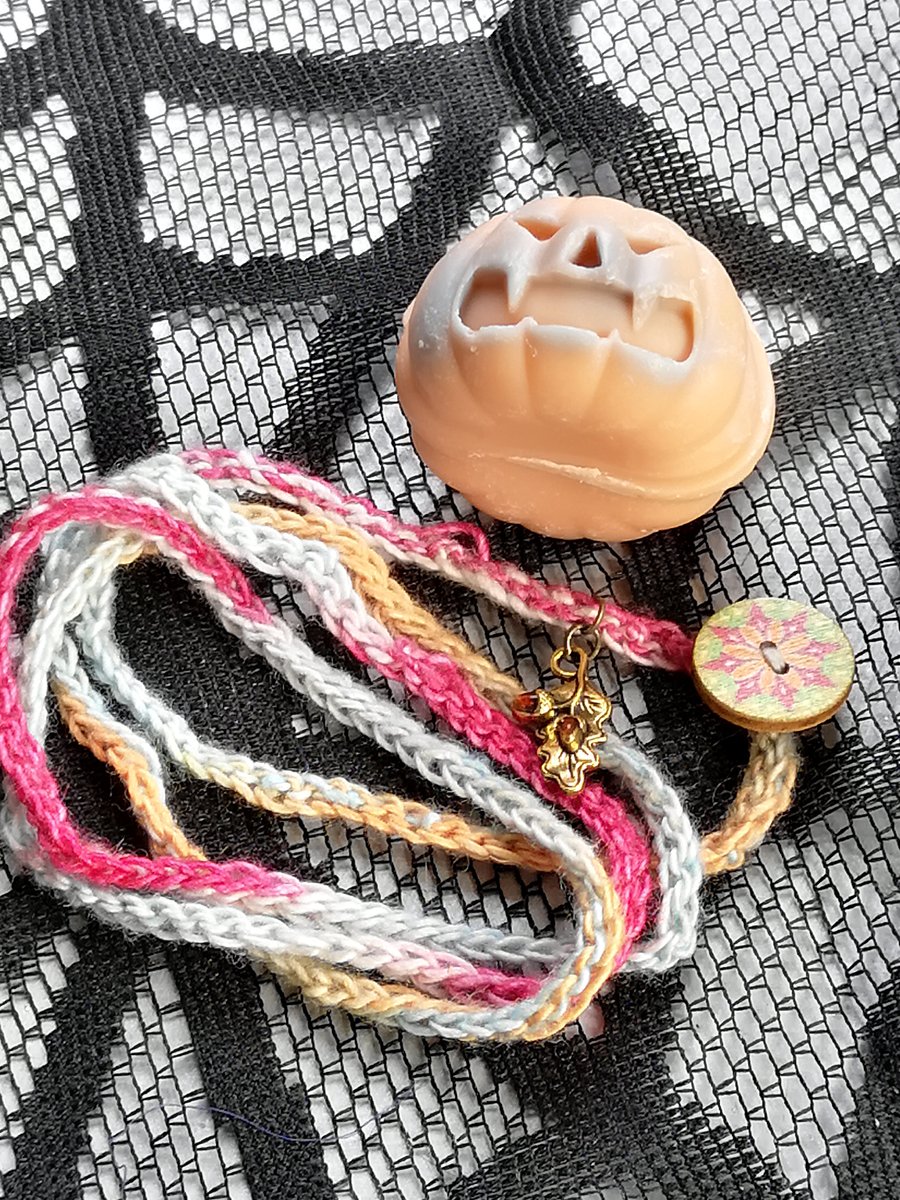 Crochet Wrap Bracelet with Acorn and Leaves Charm.