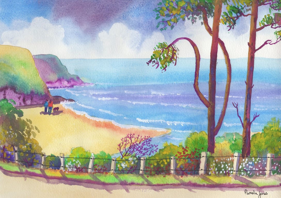 Caswell Bay, Gower, Original Watercolour in 20 x 16'' Mount