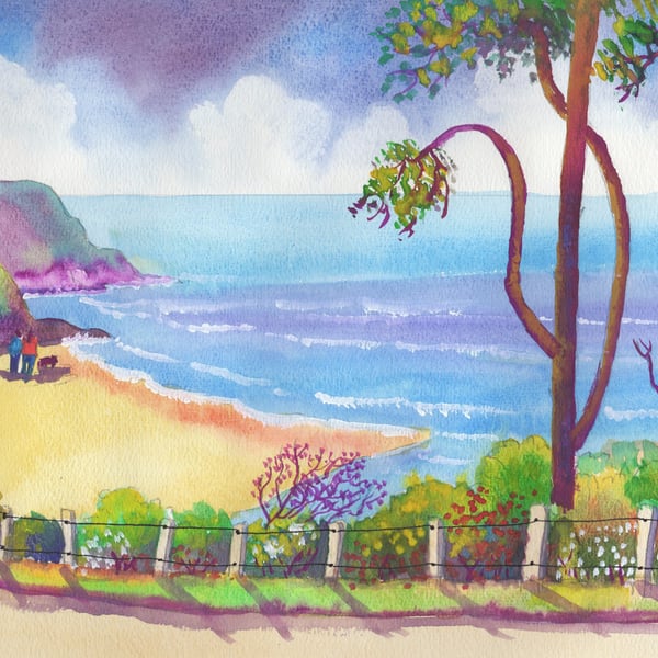 Caswell Bay, Gower, Original Watercolour in 20 x 16'' Mount