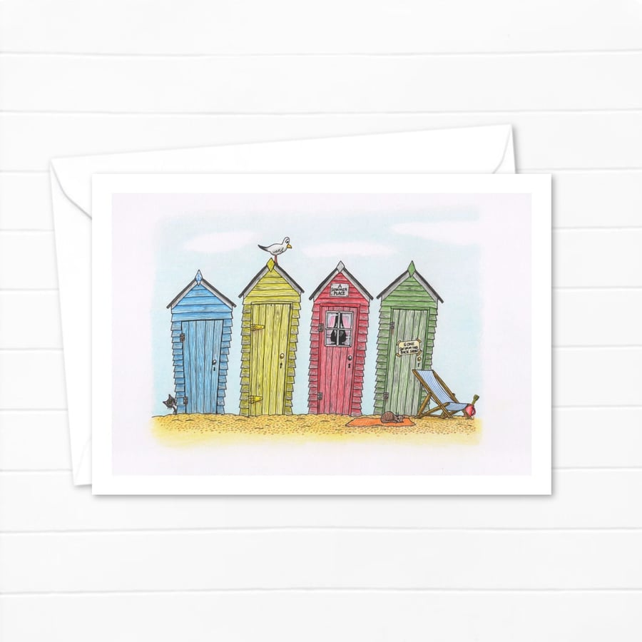 Seaside Beach Huts Greeting Card: Traditional Summer Holiday Illustration (807)