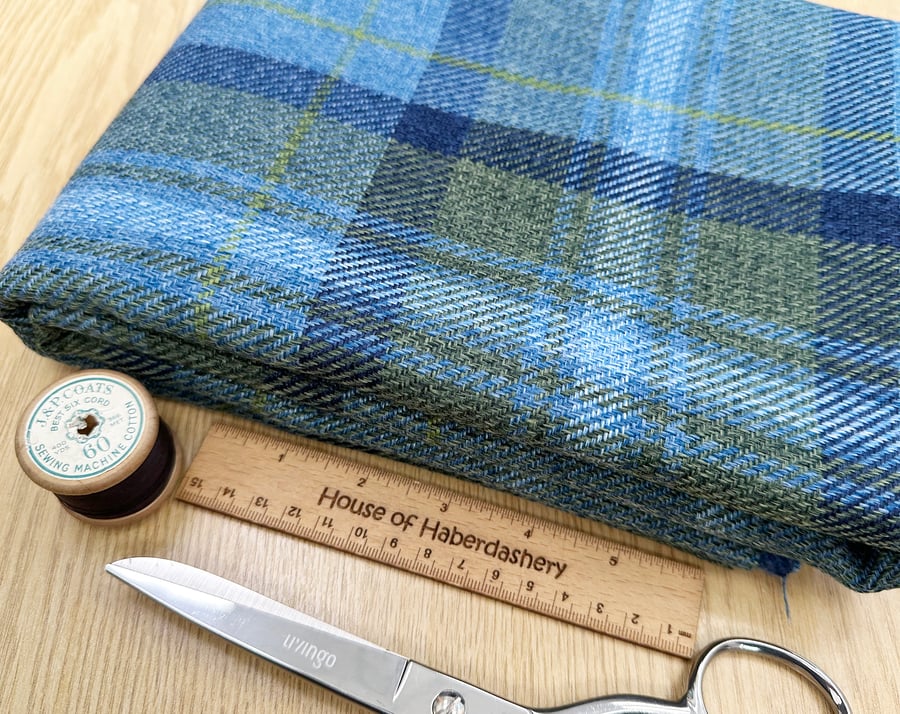 Grampian 'Westie' Blue & Green Tartan Check Faux Wool Upholstery Fabric