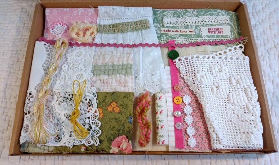 Upcycled Slow Stitching kit - rose pink and green vintage and antique fabrics