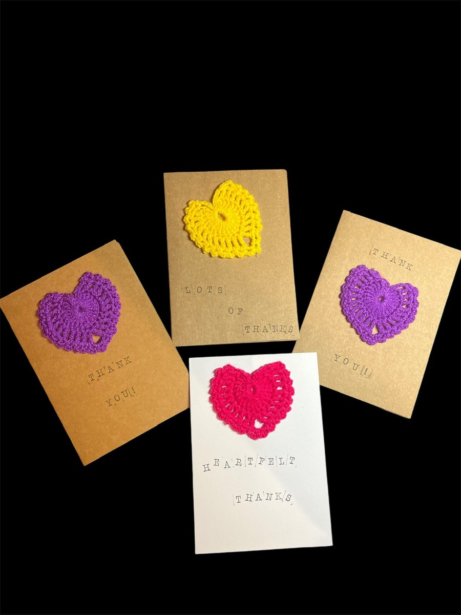 Set of 4 Thank You Cards, Heart Cards, Crochet Heart Cards, Thank You