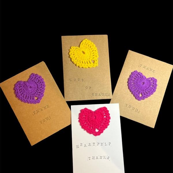 Set of 4 Thank You Cards, Heart Cards, Crochet Heart Cards, Thank You