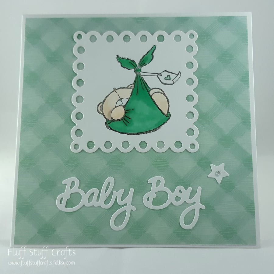 Handmade new baby boy card - Forever Friends bear 