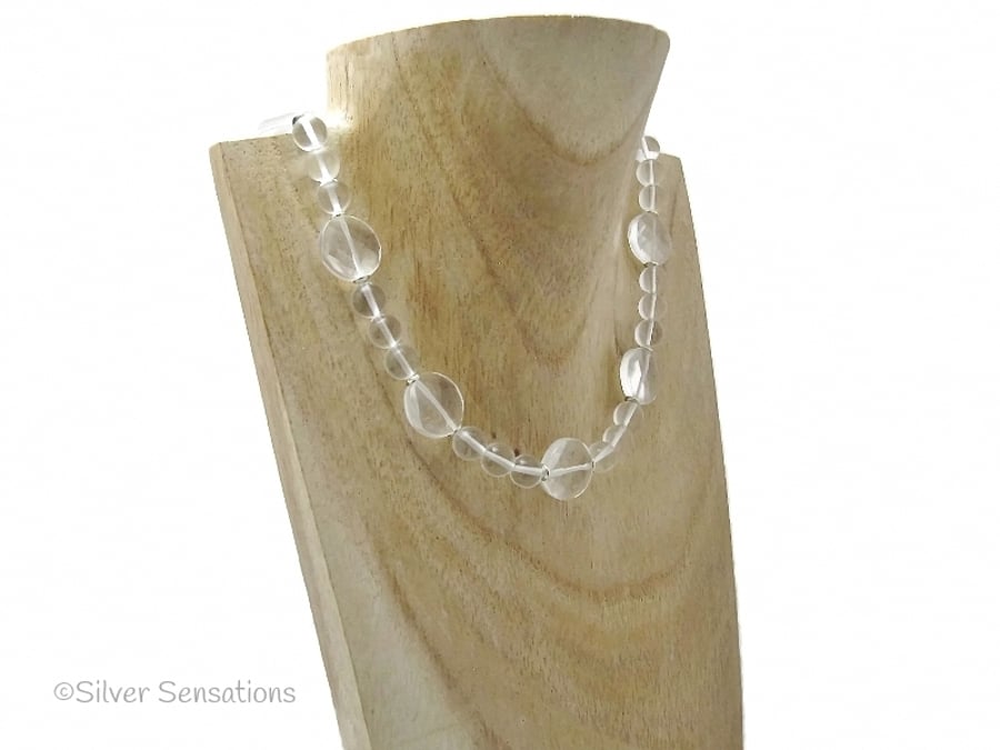 Clear Rock Crystal Quartz Faceted Coins Beaded Necklace