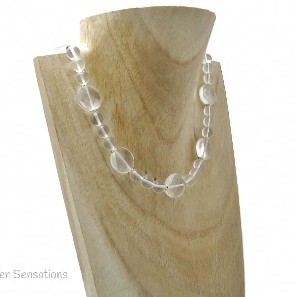 Clear Rock Crystal Quartz Faceted Coins Beaded Necklace