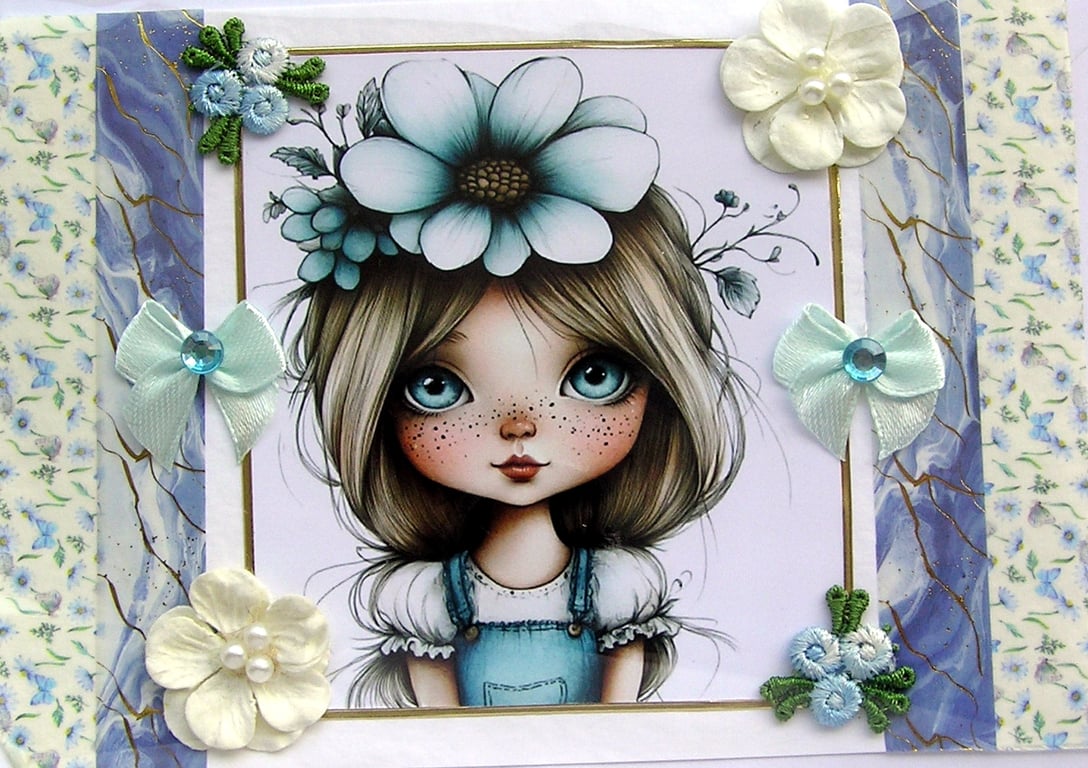 Blue Flower Girl - Hand Crafted Decoupage Greeting Card - Blank - 3264