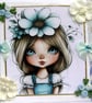 Blue Flower Girl - Hand Crafted Decoupage Greeting Card - Blank - 3264