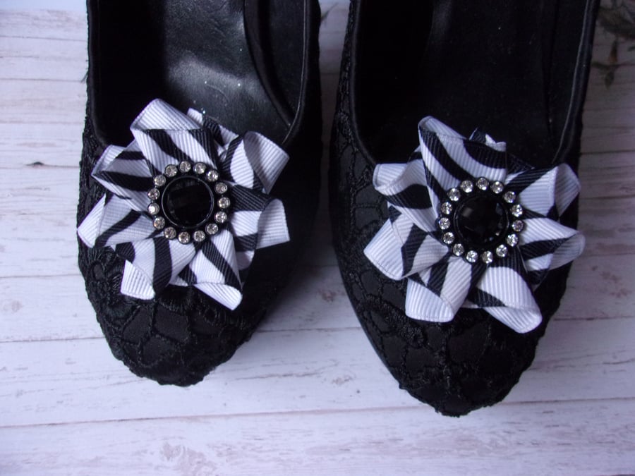 Zebra Animal Print Black & White Crystal Ribbon Ruffle Shoe Clips Wedding 