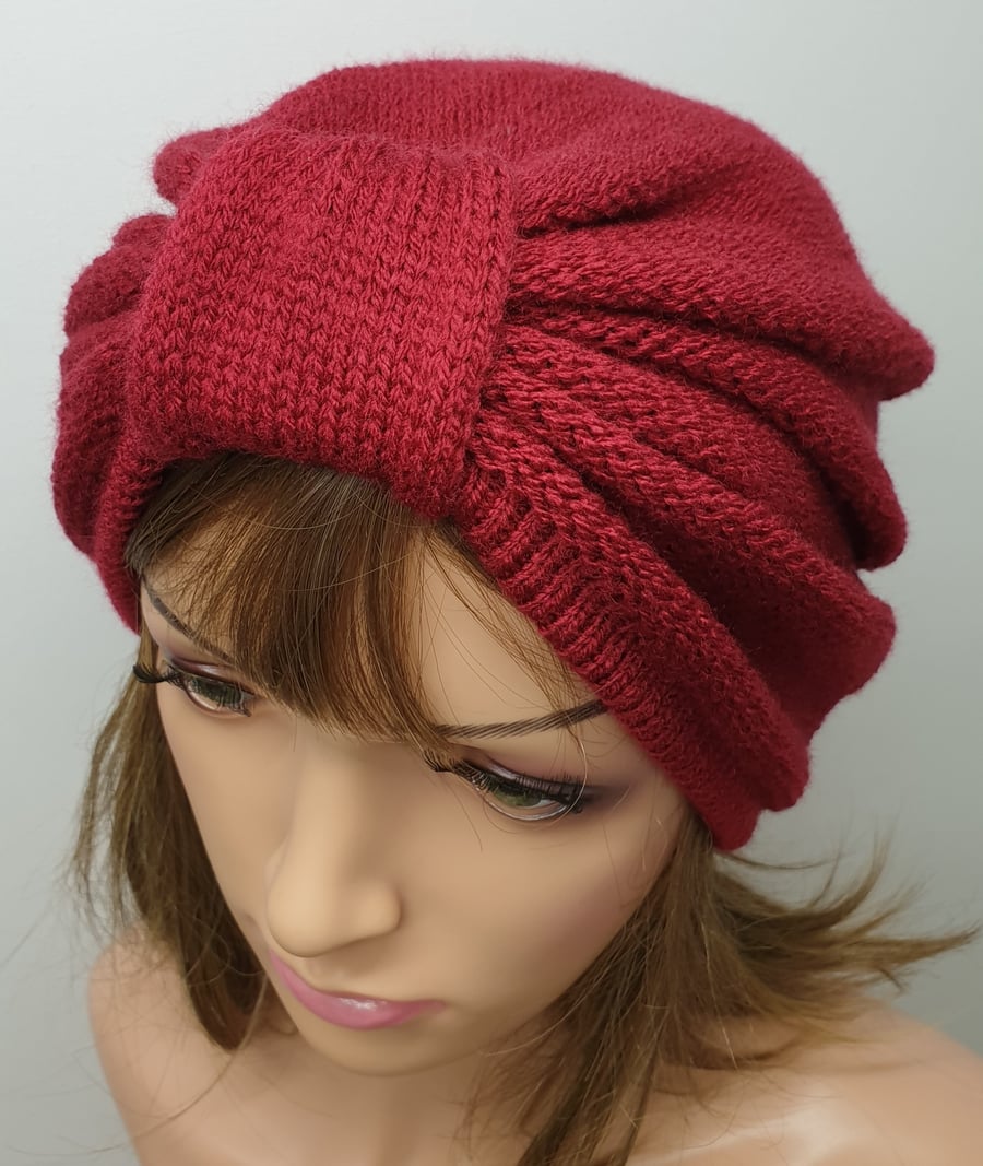 Claret red women turban hat.