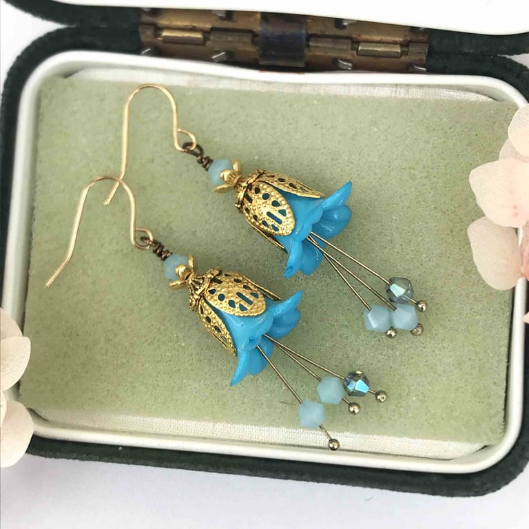 Blue Lucite and Gold Flower Drop Earrings