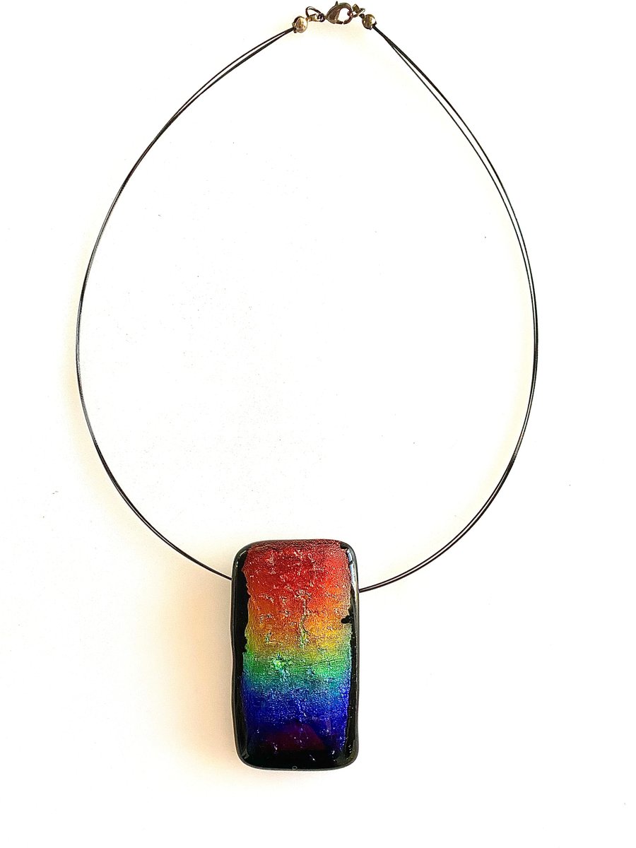 Large Floating Rainbow Dichroic Glass Pendant Necklace 