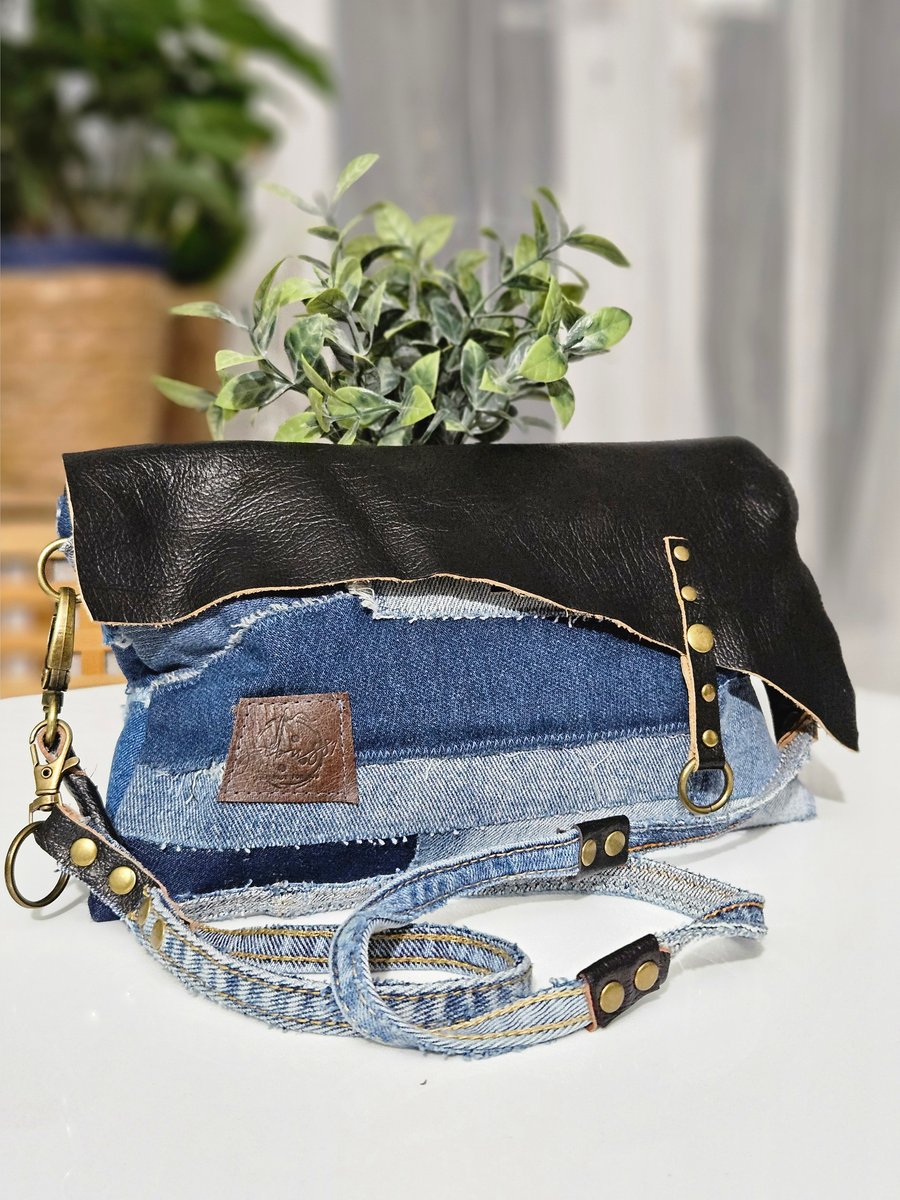 Denim & Leather Clutch Bag with Crossbody Strapp