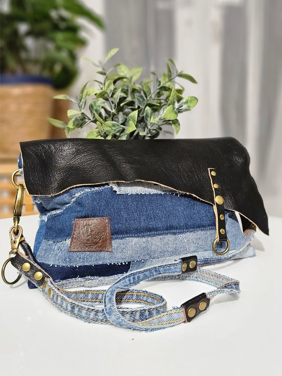 Denim & Leather Clutch Bag with Crossbody Strapp