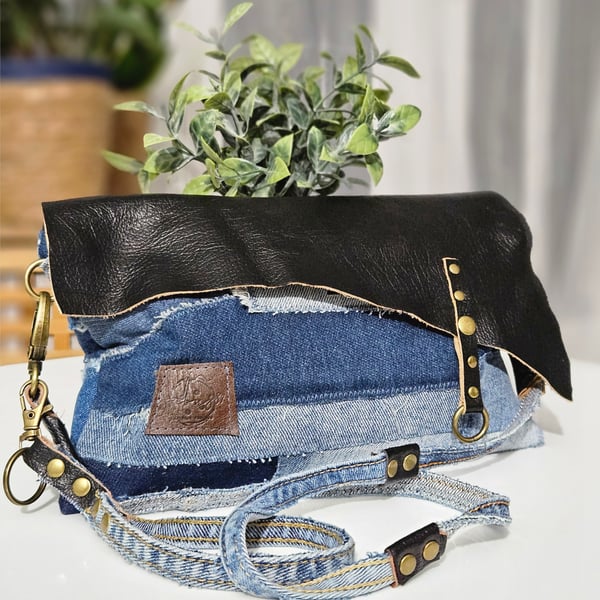 Denim & Leather Clutch Bag with Crossbody Strapp