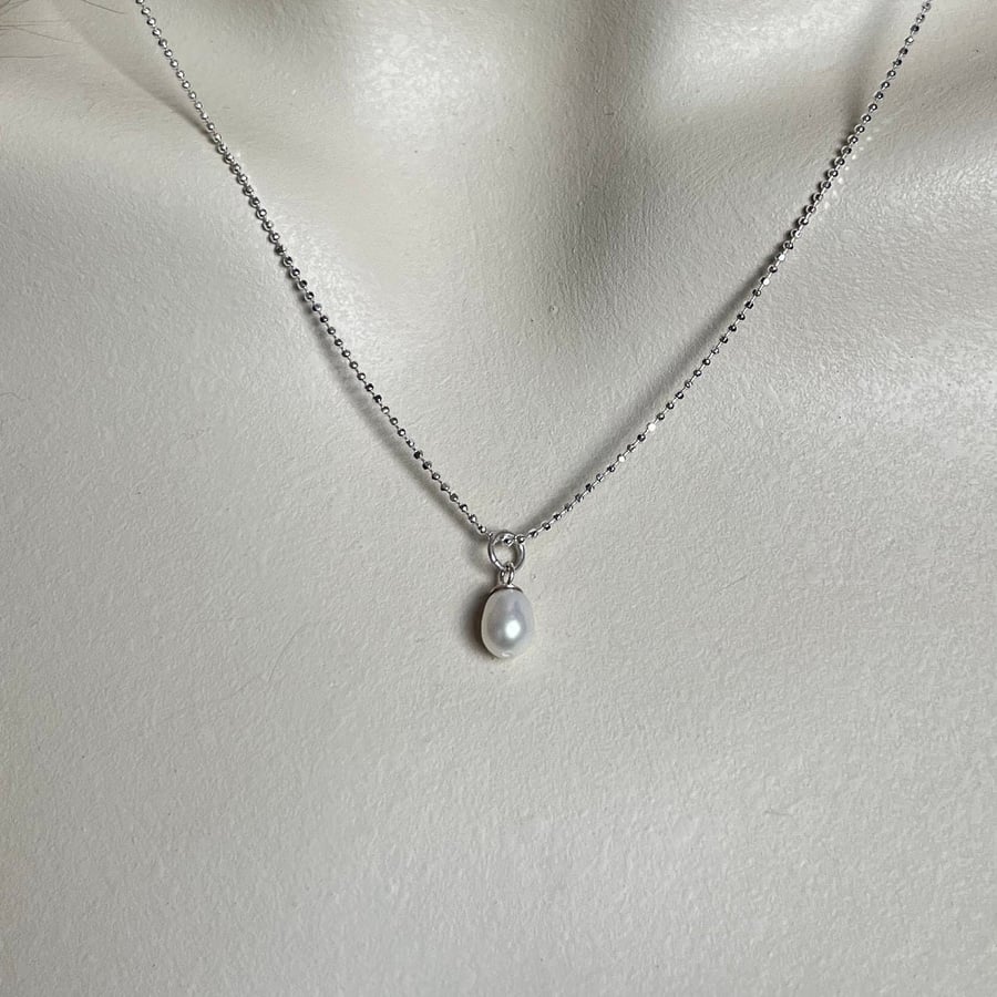 Rice Pearl Pendant & 18" Diamond Cut Ball Chain - Handmade, Sterling Silver