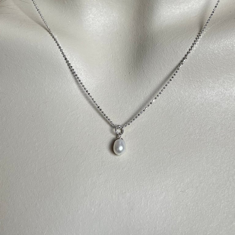 Rice Pearl Pendant & 18" Diamond Cut Ball Chain - Handmade, Sterling Silver
