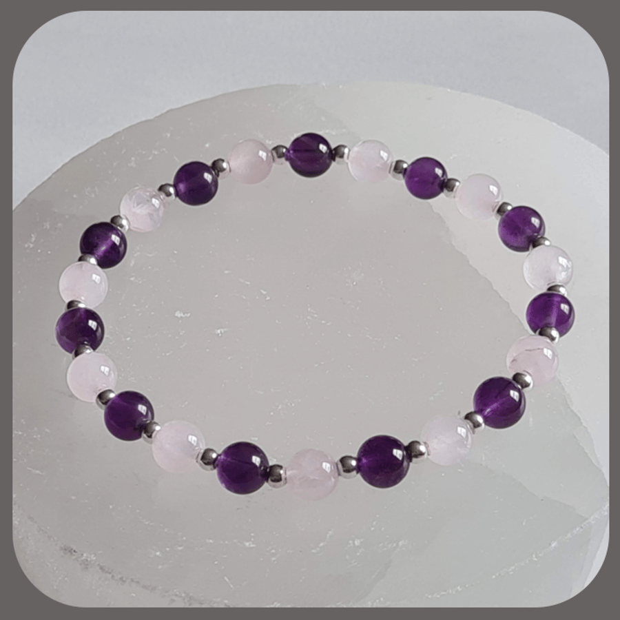 Love and Protection Amethyst, Rose Quartz and Sterling Silver Stacker Bracelet