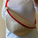 Crossbody bag bum bag red vinyl cream leather or denim zip top shoulder bag