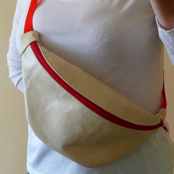 Crossbody bag bum bag red vinyl cream leather or denim zip top shoulder bag