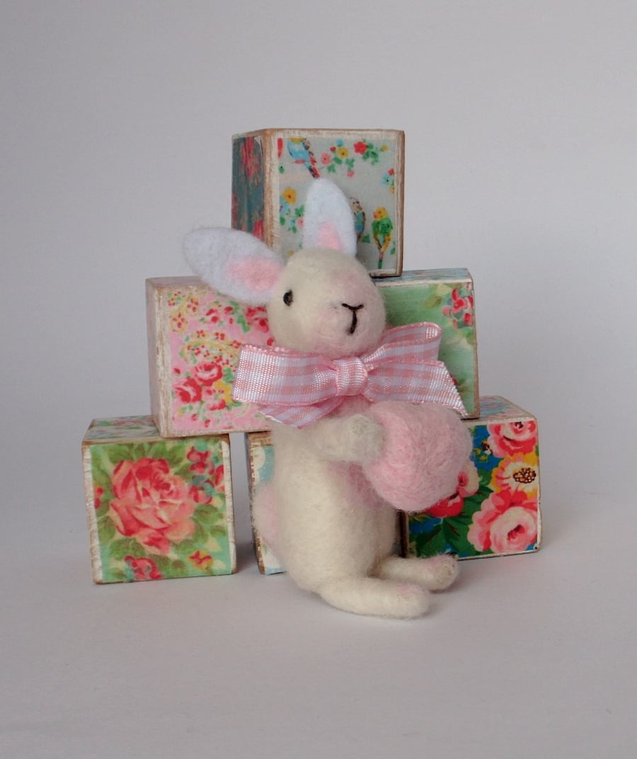 Needle felted little white rabbit ,nursery decor, love heart ,valentine gift