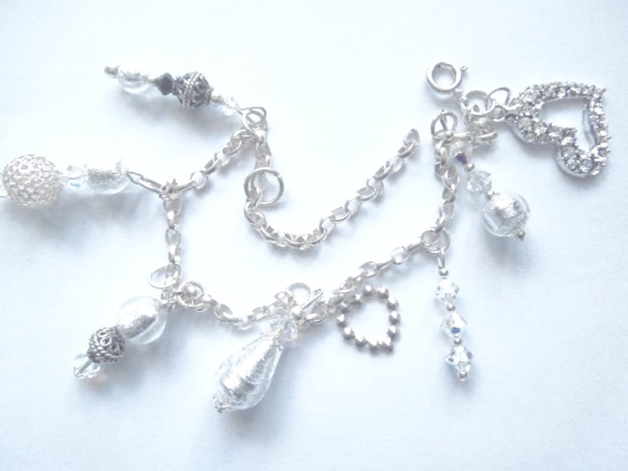 Murano glass and sterling silver handmade charm bracelet with Swarovski crystals