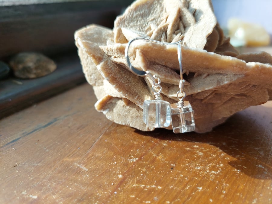 Sterling Silver Clear Quartz Cube Earrings