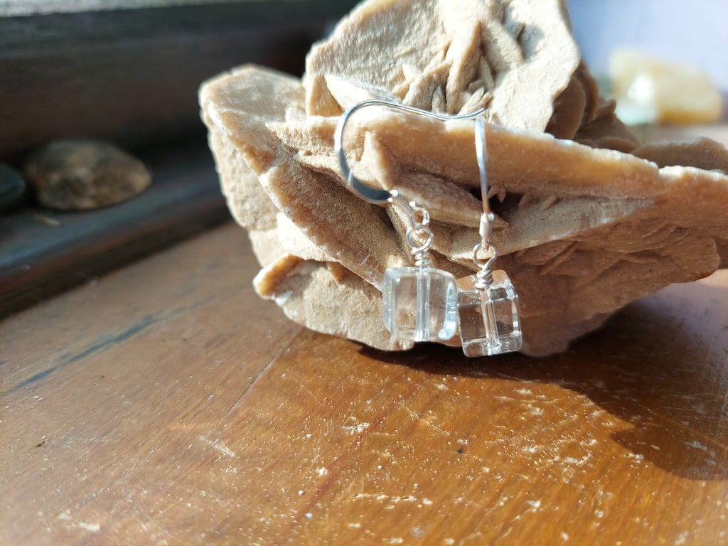 Sterling Silver Clear Quartz Cube Earrings