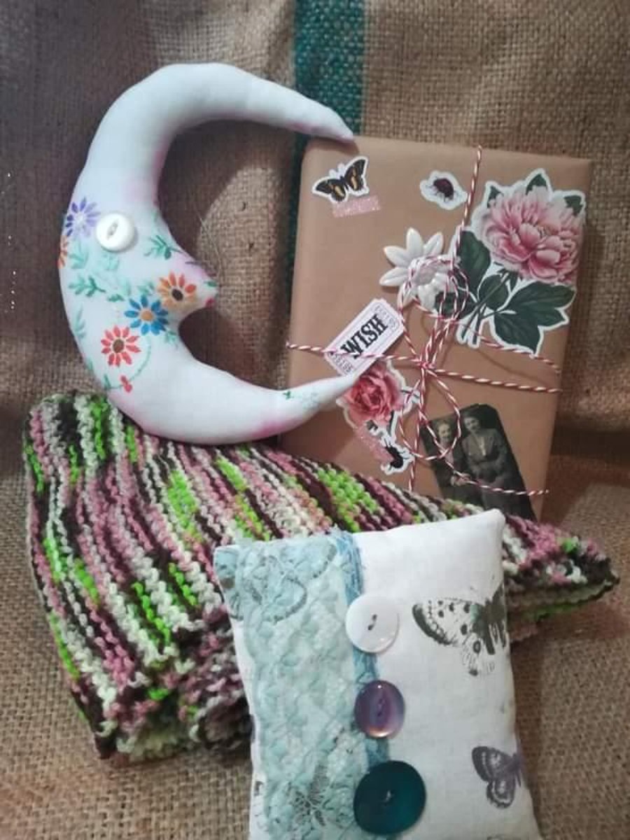 Readers gift, book lover, book , moon, textile art, shawl, lavender bag
