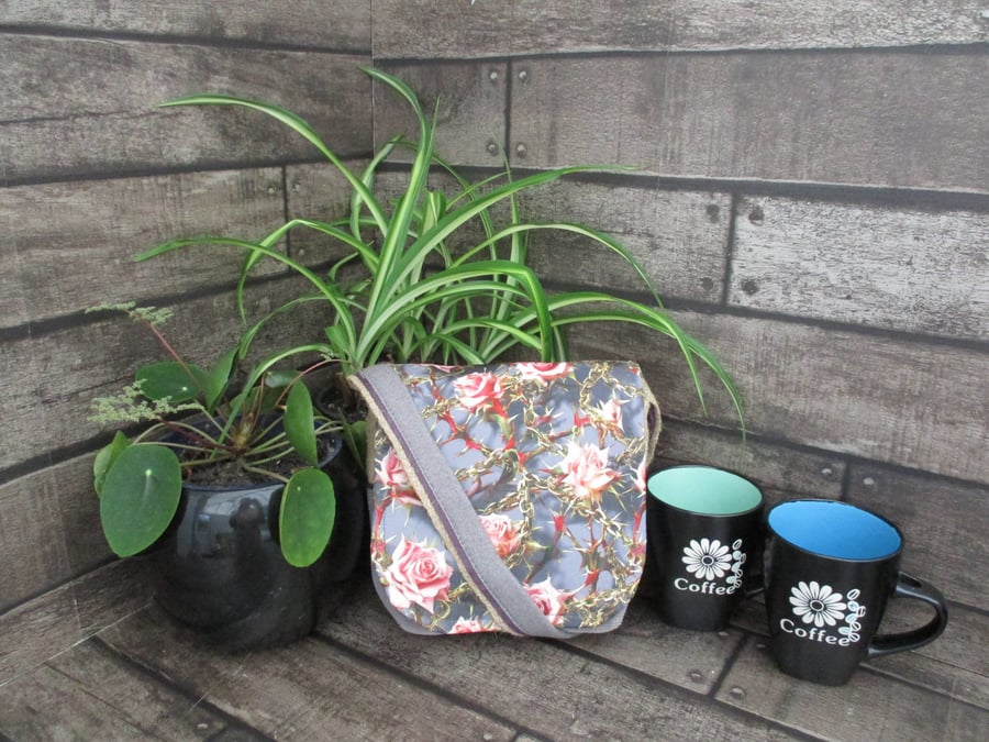 Upcycled Coffee Sack -  Mini Shoulder Bag -  Grey with pink thorny roses
