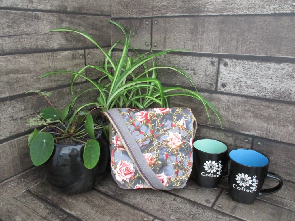 Upcycled Coffee Sack -  Mini Shoulder Bag -  Grey with pink thorny roses
