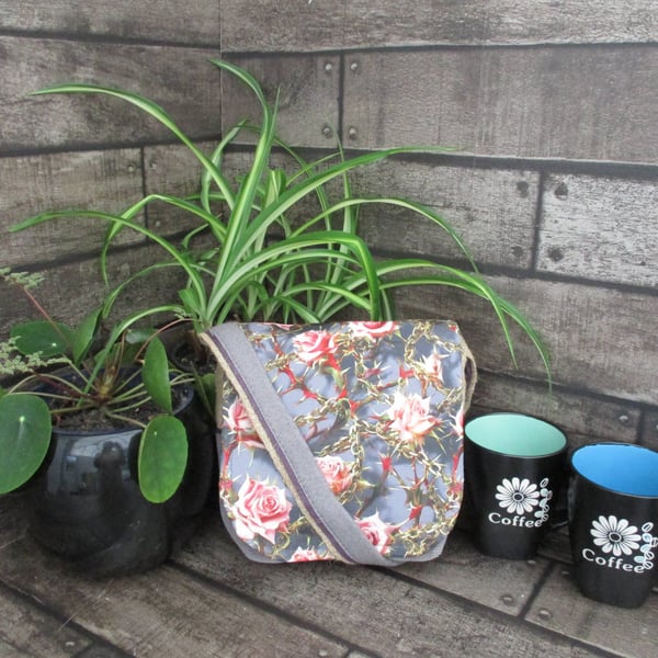 Upcycled Coffee Sack -  Mini Shoulder Bag -  Grey with pink thorny roses