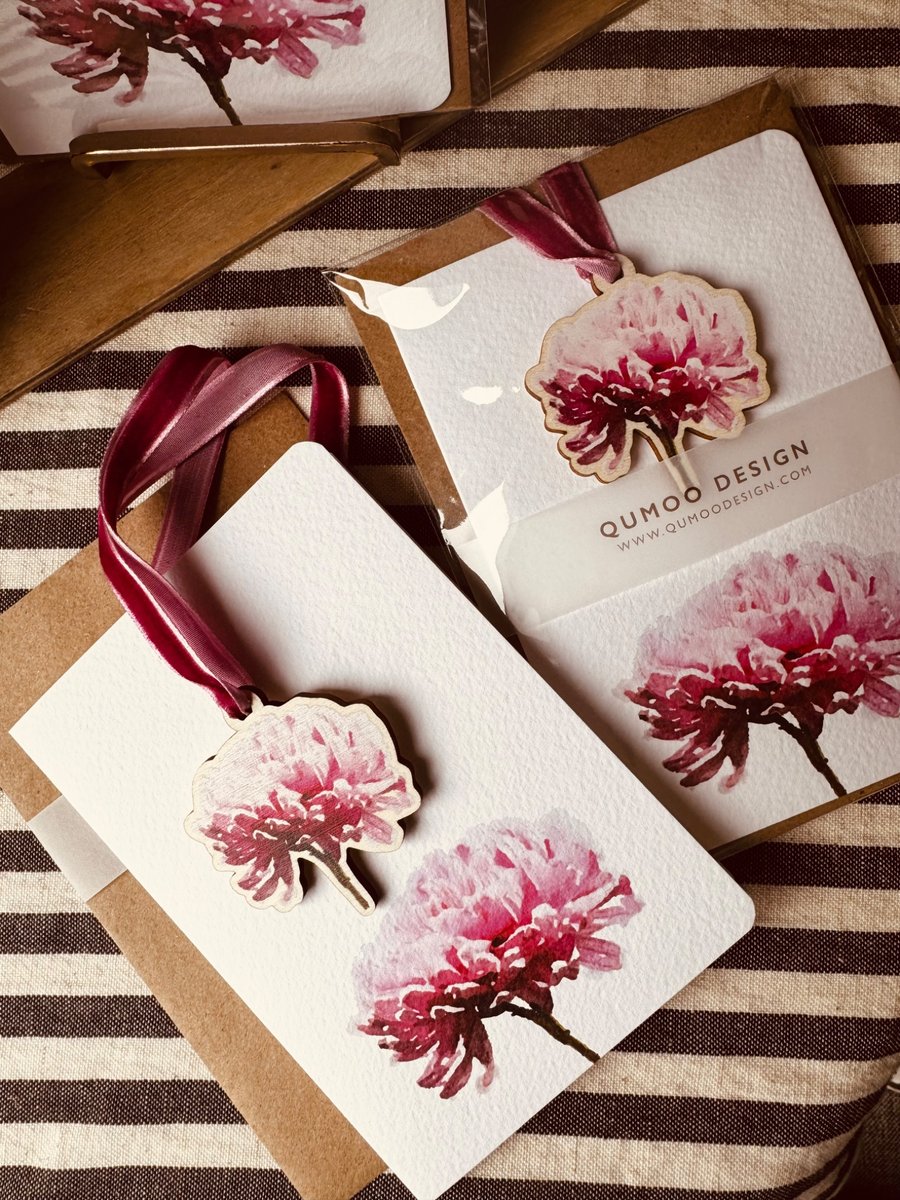 wedding flowers Pink Chrysanthemum Greetings Card and wooden ornament (QM3342)