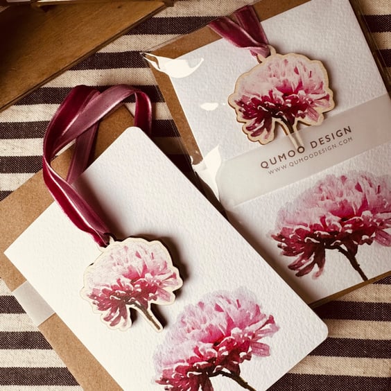 Pink Chrysanthemum flowers Greetings Card and wooden ornament Wedding (QM3342)