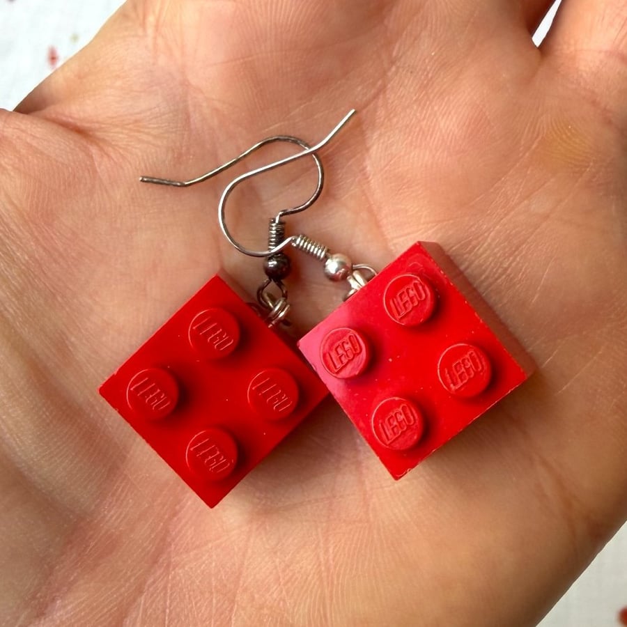 Image of Upcycled Red 2x2 Lego Earrings - Silver Plate Tarnished - Super Seconds