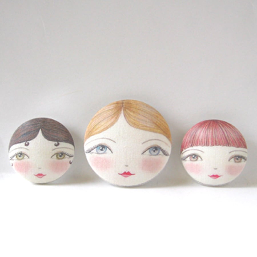 Sewing Buttons,  Doll Face Covered Buttons (Set of 3) 