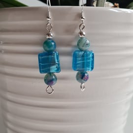 Handmade 925 Silver and Blue Glass & Agate Dangle Earrings Gift Boxed Jewellery