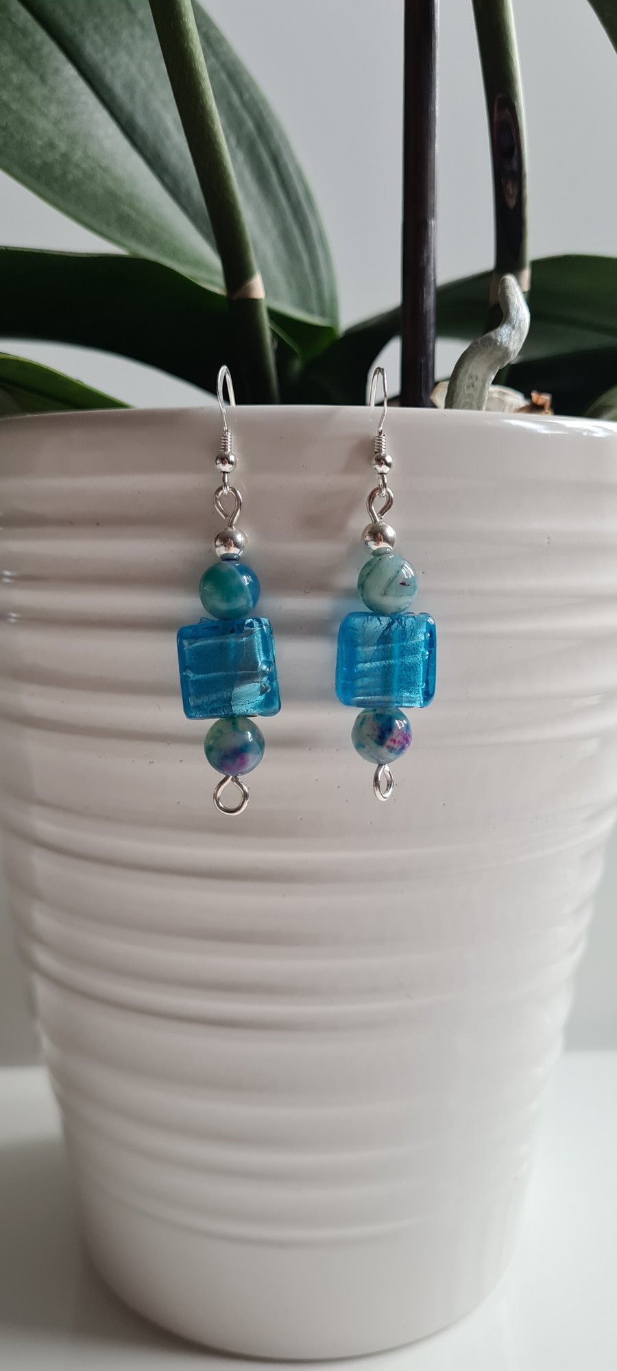 Handmade 925 Silver and Blue Glass & Agate Dangle Earrings Gift Boxed Jewellery