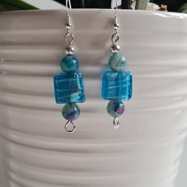 Handmade 925 Silver and Blue Glass & Agate Dangle Earrings Gift Boxed Jewellery