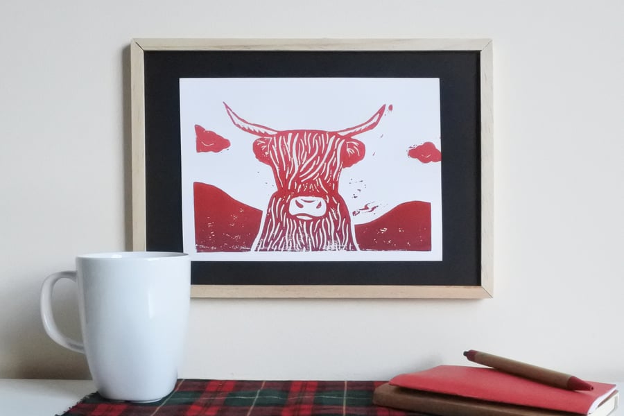 Amber Highland Cow – Original Handmade Lino Print
