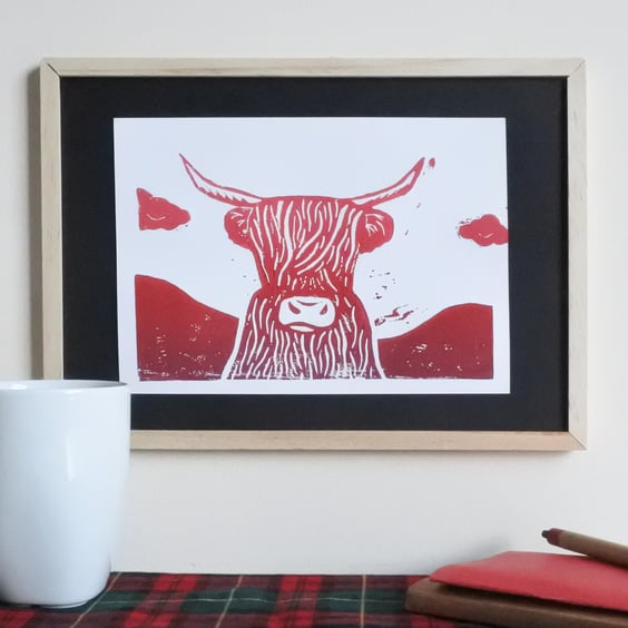 Amber Highland Cow – Original Handmade Lino Print