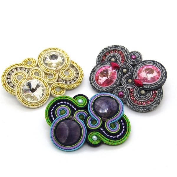 Handmade soutache brooch amethyst cat's eye boho jewellery
