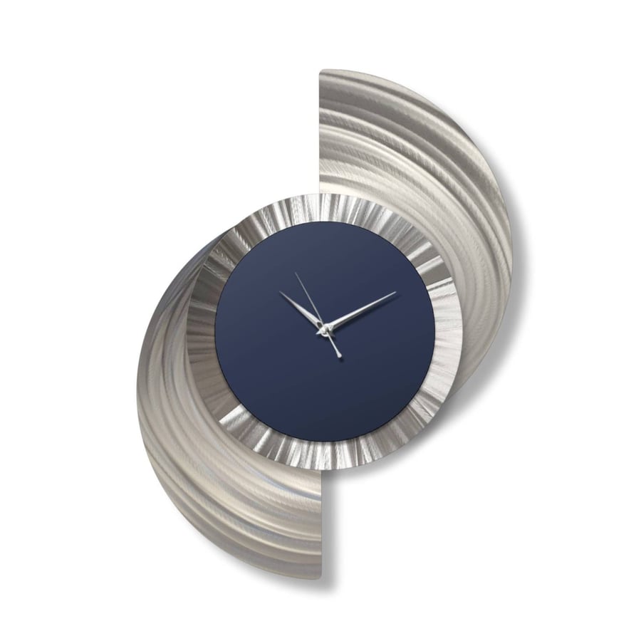 Navy Blue Wall Clock, Silver Wall Art, Abstract Clock, Unique Clock, Modern Wa