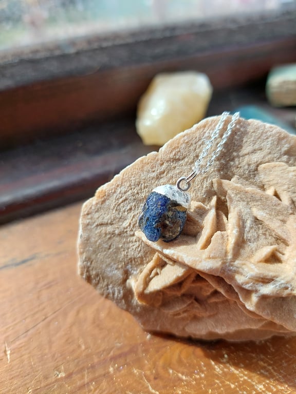 Raw Sapphire Crystal and Sterling Silver Necklace - September Birthstone